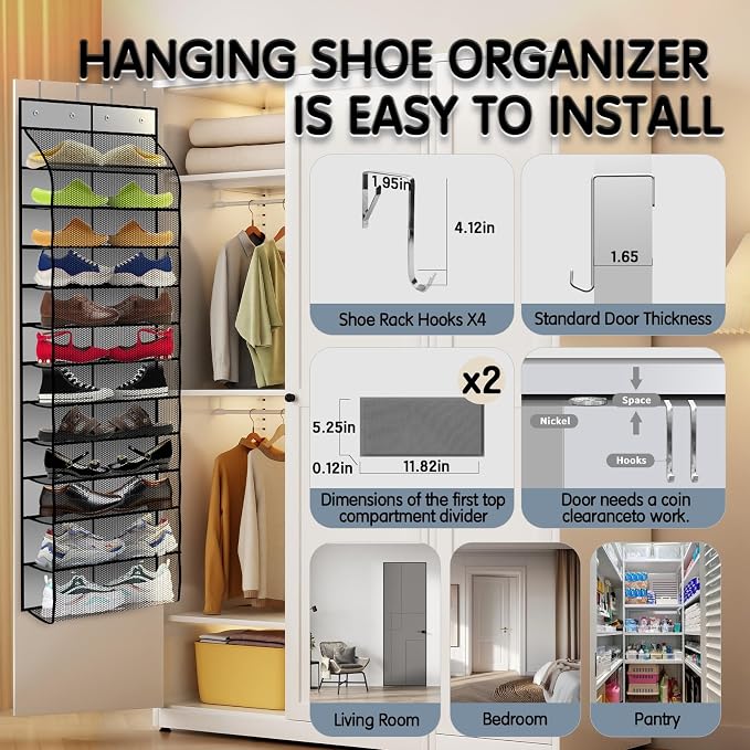 Kotkn Over The Door Shoe Organizer with 12 Large Breathable Pockets - Durable Hanging Storage for the Entire Family's Shoes (Gray) - Image 4