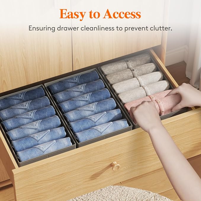 Lifewit 4 Pack Clothes Organizer, 6 Grids Closet Jean Storage Bins with Handles and Support Boards, Foldable Drawer Organizer for Sweater, Pants, T-shirt, Dress, Grey, 42 x 27 x 17 cm/16x10x7'' - Image 3