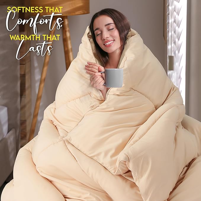 Utopia Bedding Queen Comforter Duvet Insert, Quilted Beige Comforter with Corner Tabs, Box Stitched Down Alternative Comforters Queen Size 88 x88 inches