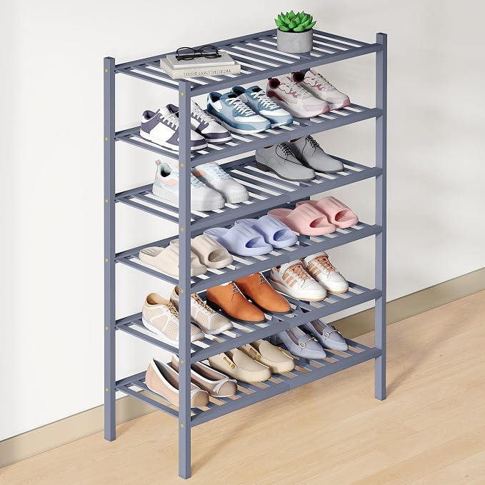 Smiry Bamboo Shoe Rack for Closet, 6 Tier Wooden Stackable Shoe Organizer, Free Standing Shoes Storage Shelf for Entryway, Front Door Entrance, Grey by Smiry