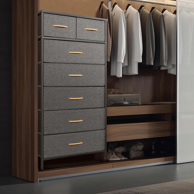 Mifuro Tall Dresser for Bedroom, Vertical Storage Organizer Tower with 7 Drawers, Chest of Drawers with Fabric Bins, Steel Frame, Wood Top for Bedroom, Closet, Entryway- Grey - Image 4