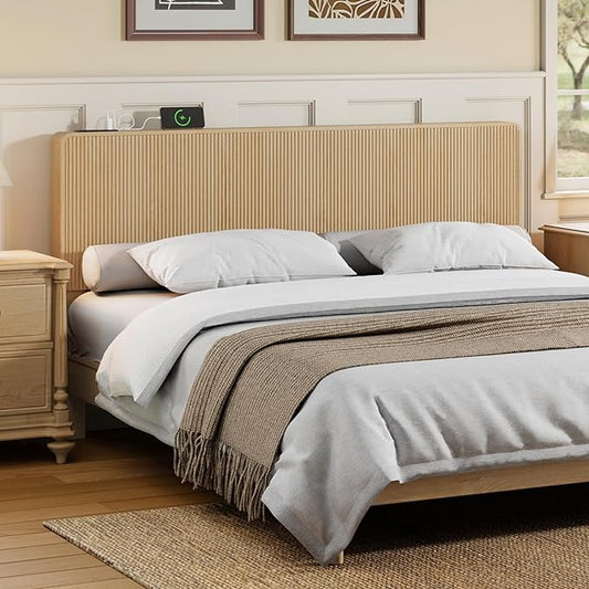 AVZEAR Fluted Headboard King Size, Wood Wall Mounted Headboard Modern Boho King Headboard Only with 2 Outlets and USB & Type C Port, Curved Wooden Bed Headboards, Stylish Bedroom Decor, Natural
