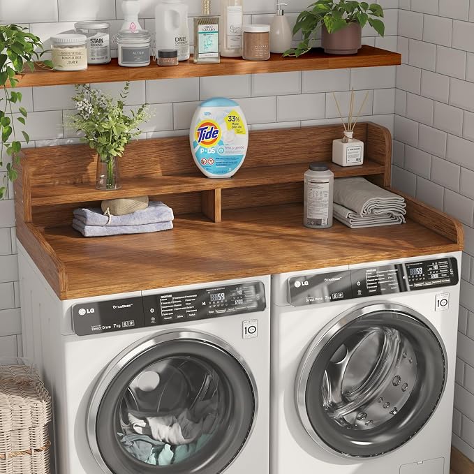 2-Tier Washer Dryer Countertop with 2.75"H Edge Rails, 54" W x 27.55" D Laundry Countertop for Folding Clothes, Washer and Dryer Topper with Non-Slip Pad (Brown) - Image 2