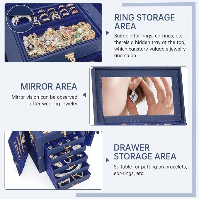 AKOZLIN 6-Tier Jewelry Box Organizer Functional 5 Drawers Leather Jewelry Storage Case for Women Girls Ring Necklace Earring Bracelet Holder Organizer with Mirror Blue - Image 3