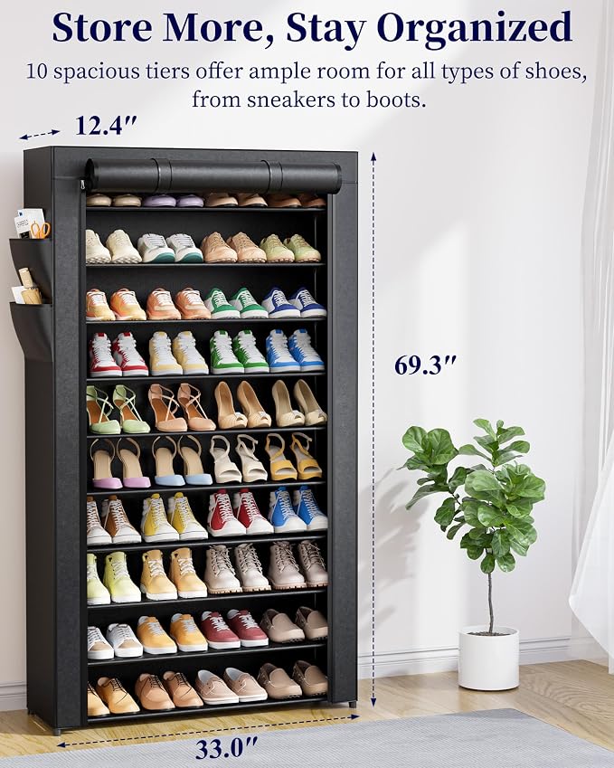 Kitsure Shoe Rack - 10-Tier Shoe Organizer with Zippered Dust Cover & Side Pockets, Easy to Assemble, Space Saving Shoe Rack for Closet, Entryway, Living Room, 33" x 12.4" x 69.3", Black - Image 2