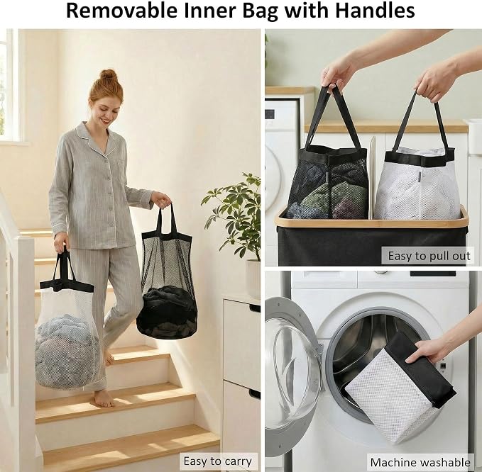 efluky Laundry Hamper with Lid, Double Laundry Hamper with 2 Removable Bags, 2 Section Laundry Basket with Bamboo Handles for Bathroom, Bedroom & Laundry Room, 140L (36.9 Gallon) Black - Image 4