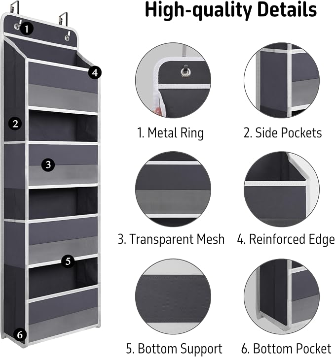 TYMENSH Over The Door Hanging Organizer with 4 Large Pockets – Closet, Bathroom, Nursery, Bedroom, Dorm Storage for Toys, Cosmetics, and Baby Essentials, Gray - Image 4