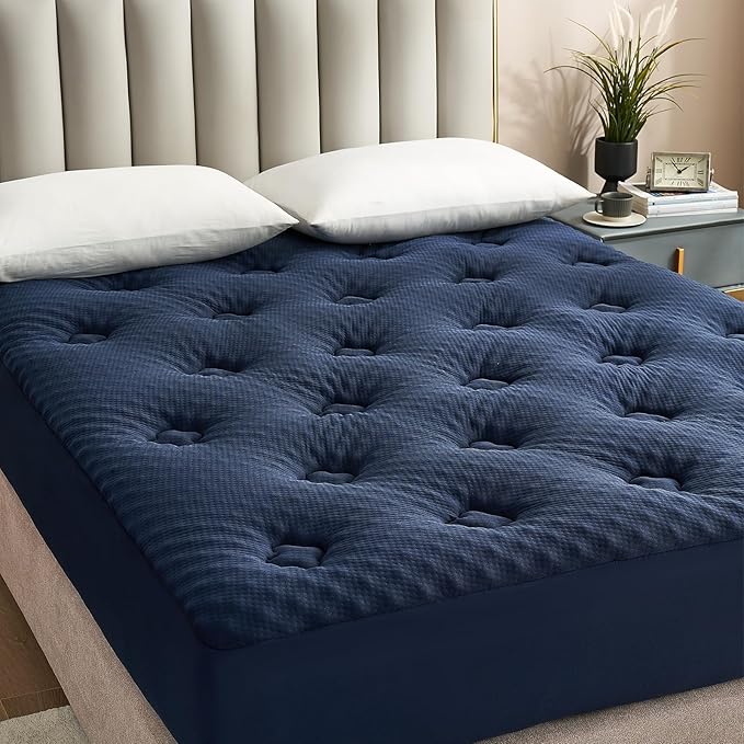 Hansleep Full Size Memory Foam Mattress Pad Topper, Full Foam Mattress Topper Viscose Derived from Bamboo, Full Bed Mattress Pad Cover for Back Pain Relief, 54" x75", Navy Blue