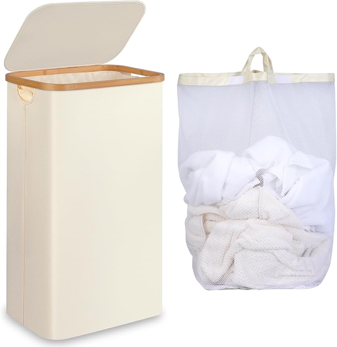 iEGrow Slim Laundry Hamper,75L Beige Narrow Laundry Basket with Lid,Foldable Clothes Hamper with Bamboo Handles,Hamper Basket with Removable Inner Bag for Laundry Room Bedroom College Dorm by iEGrow
