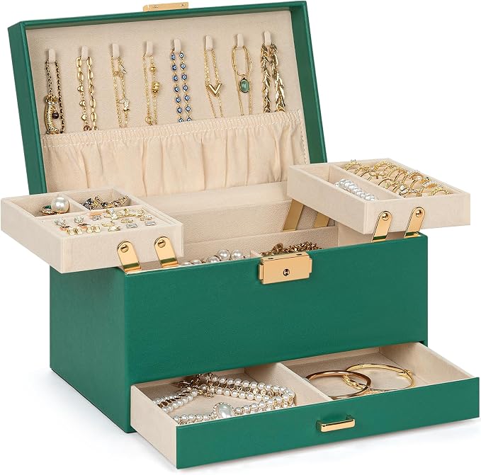AKOZLIN Travel Jewelry Box Organizer Functional 2-trays Leather Jewelry Storage Case with Lockable Portable Drawer for Women Girls Ring Necklace Earring Bracelet by AKOZLIN