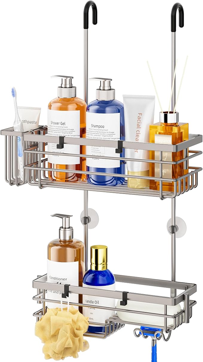 HapiRm Hanging Shower Caddy Organizer - No Drilling Shower Shelves with Hooks and Toothbrush Holder, Rustproof 304 Stainless Steel Bathroom Organizer - Brushed Nickel by HapiRm