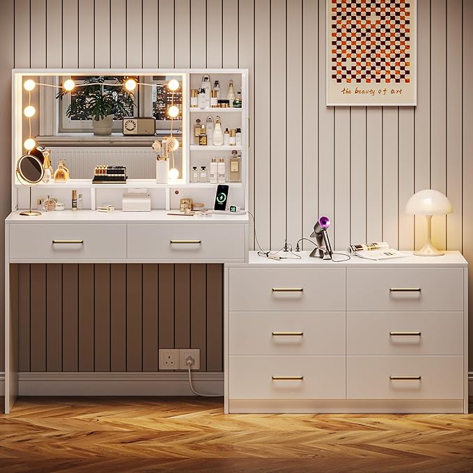 UGTOO Makeup Vanity Desk with Mirror and Lights, 59" Makeup Desk with Drawers & Cabinet & Dresser, Large Vanity Table with 8 Drawers, Vanity Desk with Large Mirror and 3-Color Lights for Girls