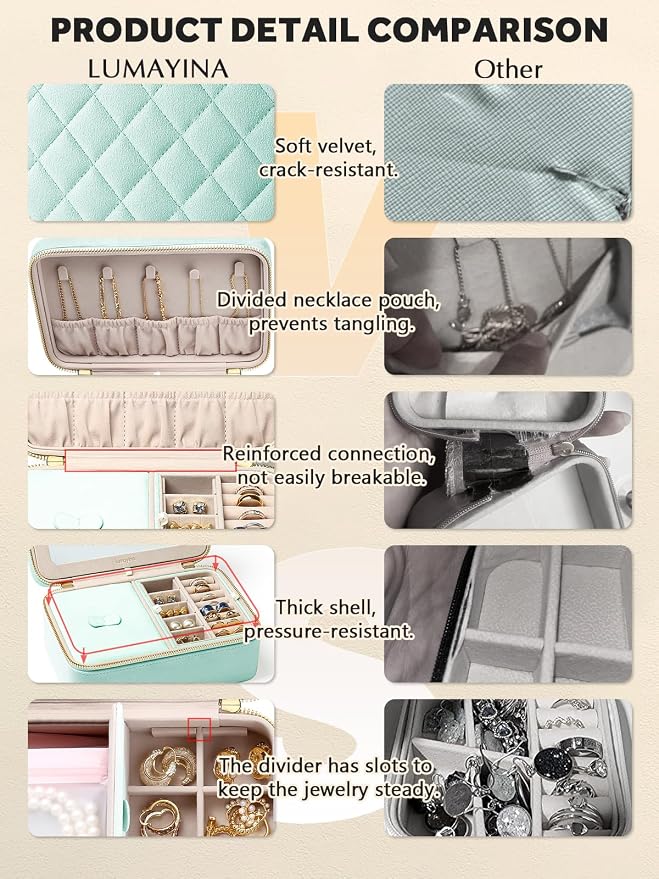 Velvet Travel Jewelry Box with Large Mirror, Double-Layer Jewelry Organizer Case for Women and Girls, Portable Storage Case with 6 Anti-Tarnish Bags Gift Ready for Her (Mint Green) - Image 6
