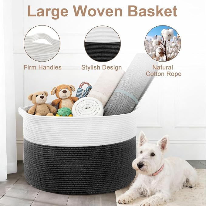 XXL Large Laundry Basket, 90L Soft Cotton Rope Basket, Blanket Storage and Organizers, Baby Nursery Laundry Hamper, Extra Large Toys Storage Bins for Kids 23'' x 13'', White & Black - Image 5