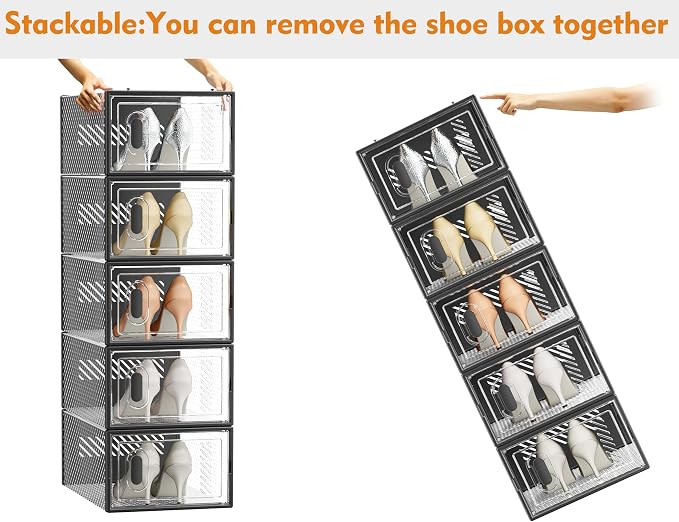 SIMPDIY Shoe Storage, 12 Pack Shoe Organizer for Closet, Shoe Boxes Clear Plastic Stackable Shoe Containers with Lids for Size 10, Black - Image 6
