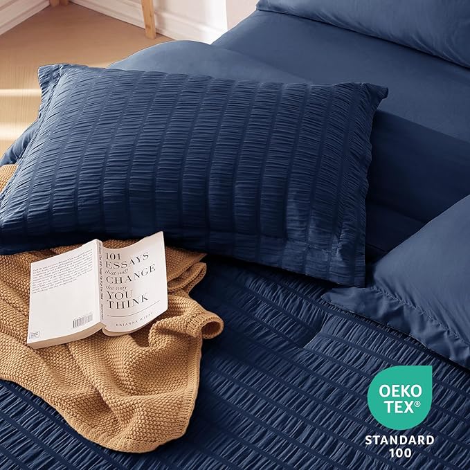 MUXHOMO 5 Pieces Twin Comforter Set, Seersucker Bed in a Bag Twin Size, All Season Luxury Bedding Set with Comforter, Flat Sheet, Fitted Sheet, Pillowcase & Sham, Navy Blue