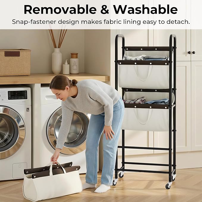 GRANNY SAYS 3 Tier Laundry Sorter, Laundry Basket with Wheels, Laundry Room Organization and Storage, 3 Section Rolling Laundry Cart for Dorm, Bathroom, Bedroom, Closet, Beige - Image 2