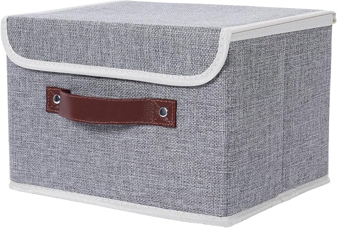 ANMINY Storage Bin with Lid Storage Boxes with PU Leather Handles PP Plastic Board Decorative Foldable Lidded Cotton Linen Fabric Home Cubes Baskets Closet Organizer Container - Gray, Medium by ANMINY