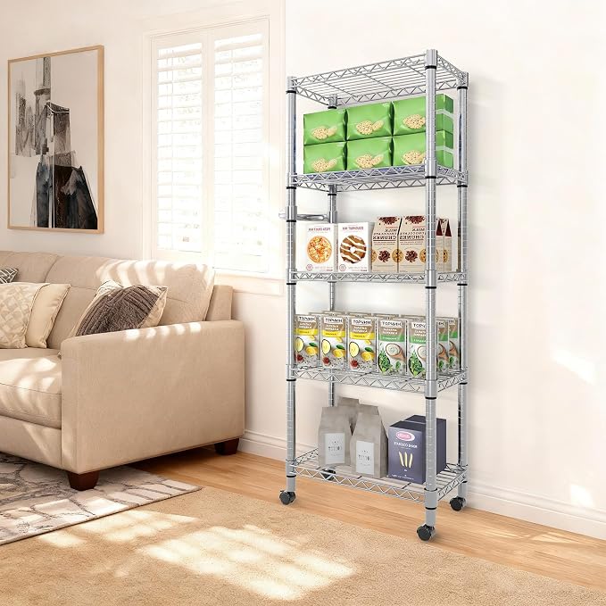 Garvee 5-Tier Storage Shelves Heavy Duty Metal Wire Rack Shelving, 1100 LBS Capacity Rolling Storage Rack with Wheels, for Living Room Pantry Kitchen Bedroom Organization - Image 9