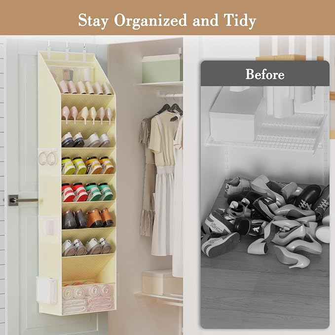 Criusia Shoe Storage, Over the Door Shoe Organizer, Hanging Closet Shoe Storage with Large Deep Pockets, Fits 16–24 Pairs of Sneakers, Sandals, Boots, Beige - Image 2