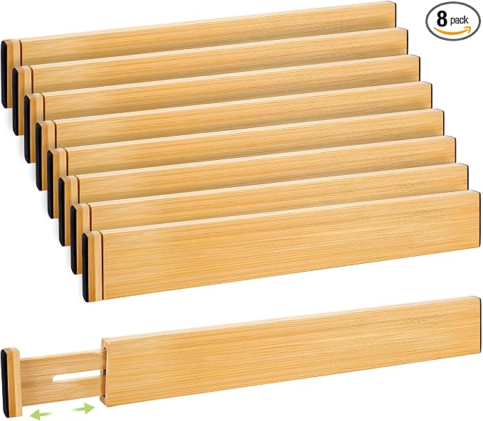 Fyvva Drawer Divider, Adjustable Bamboo Kitchen Drawer Organizer, Spring Loaded Drawer Organizer, Dresser Separators for Kitchen, Bathroom, Clothes, Office Desk Storage (Natural, 8 Pack Large) by Fyvva