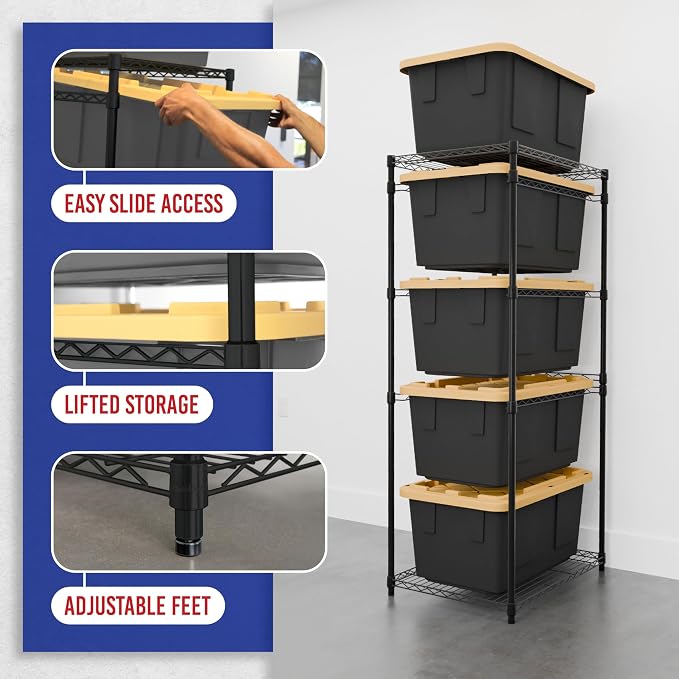 SafeRacks 5-Tier Steel Tote Rack - Maximize Space, Declutter, Organization, NSF Certified, Bin Storage for Garage, Pantry, Kitchen, Workspace, 5 Shelves, 31″ x 23″ x 68″, Black - Image 6