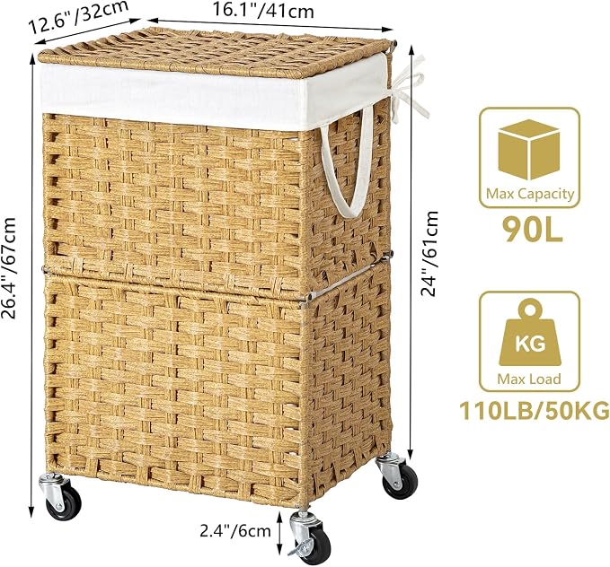 Chrislley 90L Slim Laundry Hamper with Wheels, Rolling Laundry Basket with Lid and Renovable Liner Bag, Handwoven Rattan Organizer for bedroom, bathroom, laundry room (Yellow) - Image 6