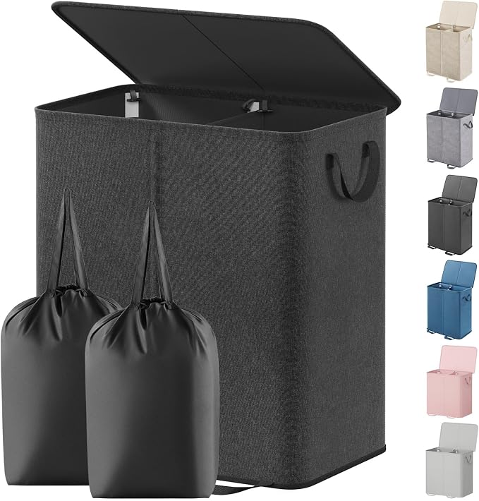 Lifewit Double Laundry Hamper with Lid and Removable Laundry Bags, Large Collapsible 2 Dividers Dirty Clothes Basket with Handles for Bedroom Laundry Room Closet Bathroom College, 155L Black by Lifewit