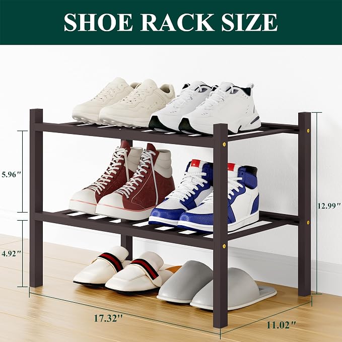 Smiry Shoe Rack, 2 Tier Small Bamboo Shoe Organizer, Stackable Free Standing Wooden Shoe Storage Shelf for Closet, Entryway, Front Door Entrance, Brown - Image 2