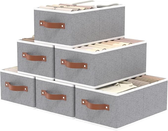 OUTBROS Foldable Bins With Handles, Fabric Storage Boxes, Foldable Bins With Handles, Wardrobe Baskets for Organizing, For bedrooms, living rooms, Shelves, White, 16.1 x 6.5 x 9.8 inch, 6-Pack by OUTBROS