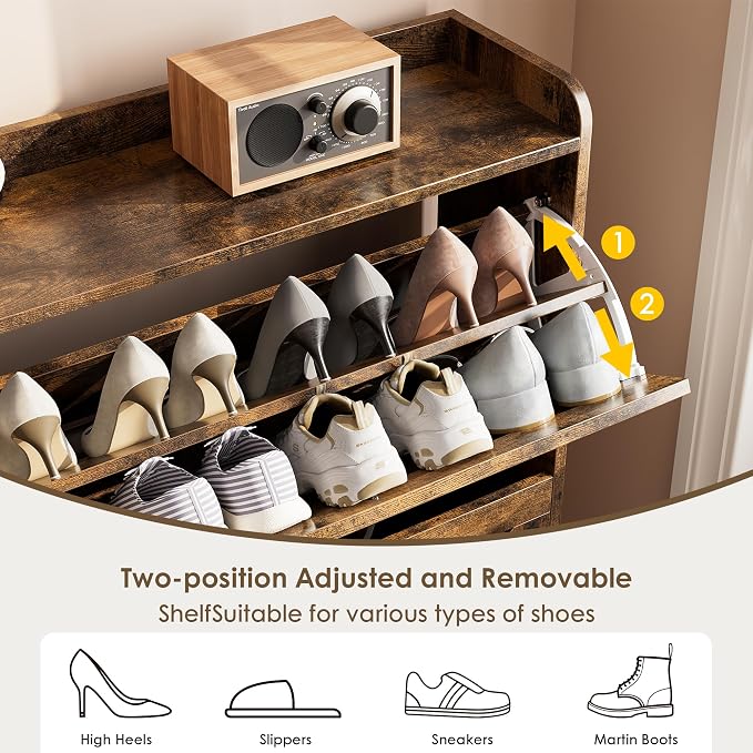 Nicetree Shoe Cabinet Organizer with 2 Flip Drawers, Freestanding Narrow Rack with Metal Legs, Farmhouse Slim Shoe Storage for Entryway, Foyer, Hallway, Rustic Brown - Image 7