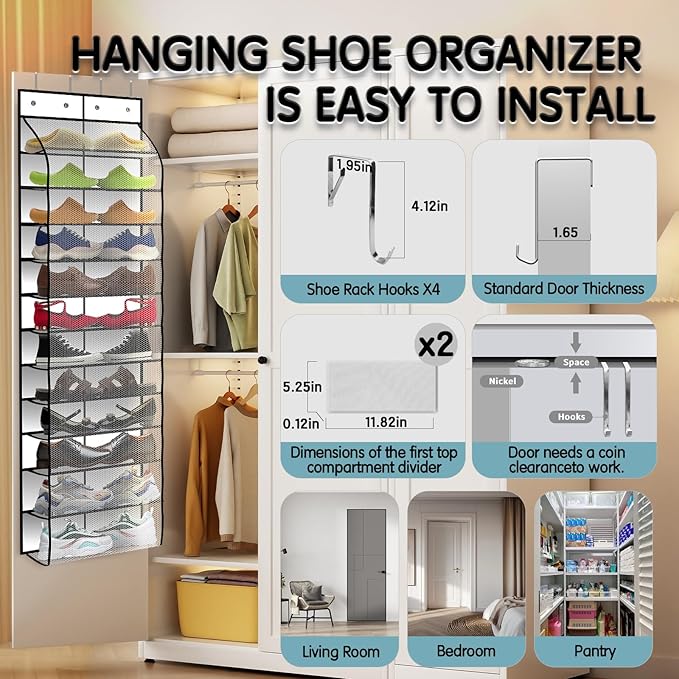 Kotkn Over The Door Shoe Organizer with 12 Large Breathable Pockets - Durable Hanging Storage for the Entire Family's Shoes (White) - Image 4