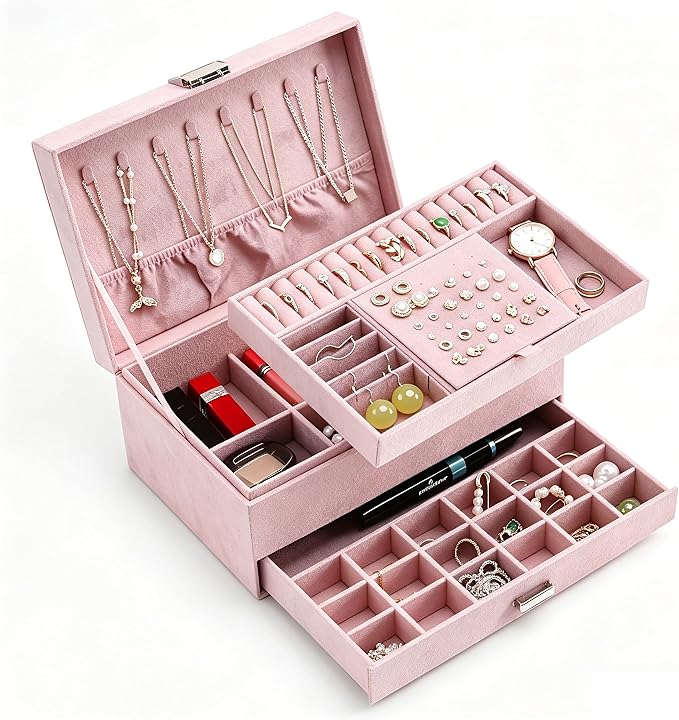 Jewelry Organizer Box for Women Girls, Jewelry Box 3-Tier Jewelry Display Case and Organizer,Lockable Jewelry Display Case Anti Tarnish,Varying Compartments for Necklaces, Bracelets, Rings by Unknown