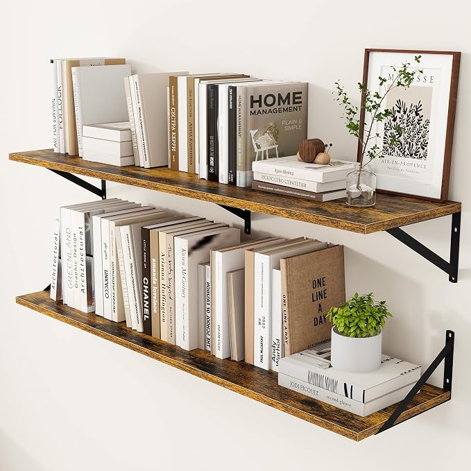 Heimlove Deep Floating Shelves for Wall, 48W x 12D Wood Wall Shelves Set of 2, Wide Floating Bookshelf for Living Room, Kitchen, Office, Bedroom and Decor Storage, with Metal Bracket - Rustic Brown by Heimlove