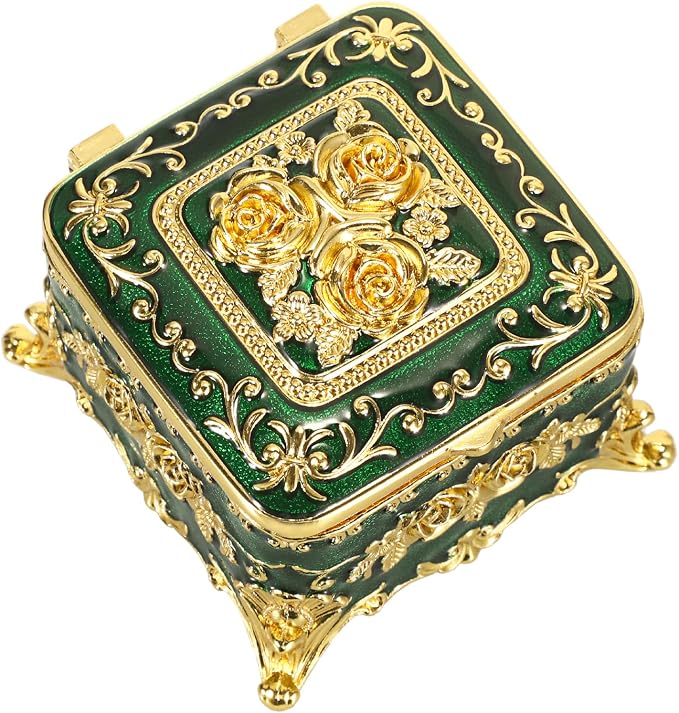 Hipiwe Vintage Jewelry Box Small Trinket Storage Organizer Box Gold Metal Chest Ring Case Treasure Chest Square Keepsake Boxes for Earrings Necklace Gift for Women,Green - Image 9