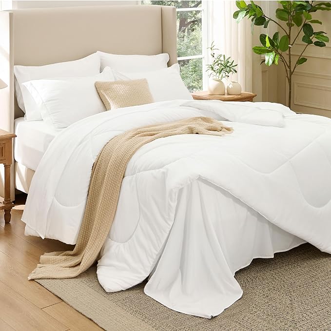 Bedsure 5 Pieces Twin Comforter Set Premium Series, Hotel Luxury Soft Bed in a Bag, Goose Down Alternative, Safe for Sensitive Skin Bedding Comforter All Season Medium Warmth, White Wavy Quilted