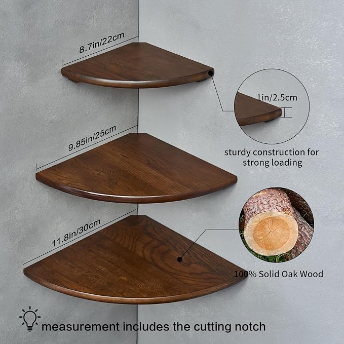 Corner Shelves, Floating Corner Shelf, Set of 3 Solid Oak Wood Corner Wall Shelves, Round End with Wire Hole Shelving for Small Plant for Bedroom Kitchen, Living Room (Size 9/10/12in) - Image 5