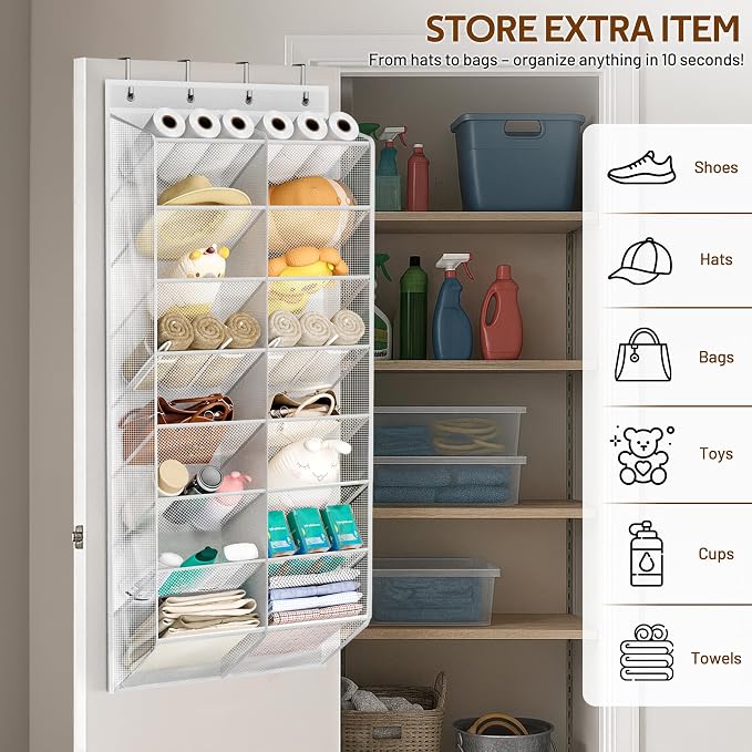 MISSLO 24 Pairs Over the Door Shoe Organizer Breathable Mesh Hanging Shoe Rack for Closet Storage with Wide Deep Pockets 8 Tier Shoes Holder Fit All the Family's Sneakers, Boots, Heels (White, 57.5") - Image 7