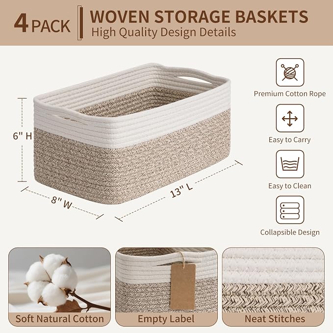 Goodpick 4 Pack Storage Baskets for Shelves, Rectangle Woven Baskets for Organizing, Cotton Rope Storage Bins for Baby Toys, Decorative Basket for Gifts, 13''L x 8''W x 6''H, Brown & White - Image 3