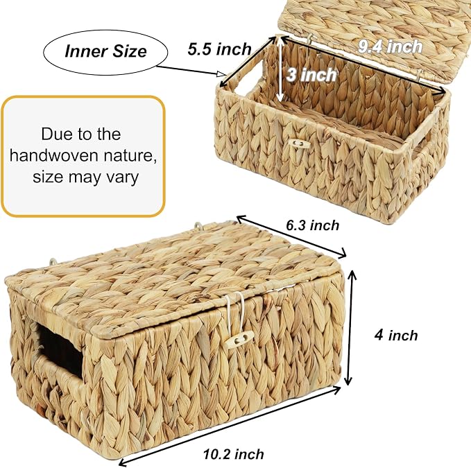 Small Wicker Basket with Lid, Natural Water Hyacinth Storage Baskets for Organizing, Rectangular Woven Basket for Storage, Decorative Boxes Bins with Lids and Built-in Handles (10.2" x 6.3" x 3.9") - Image 3