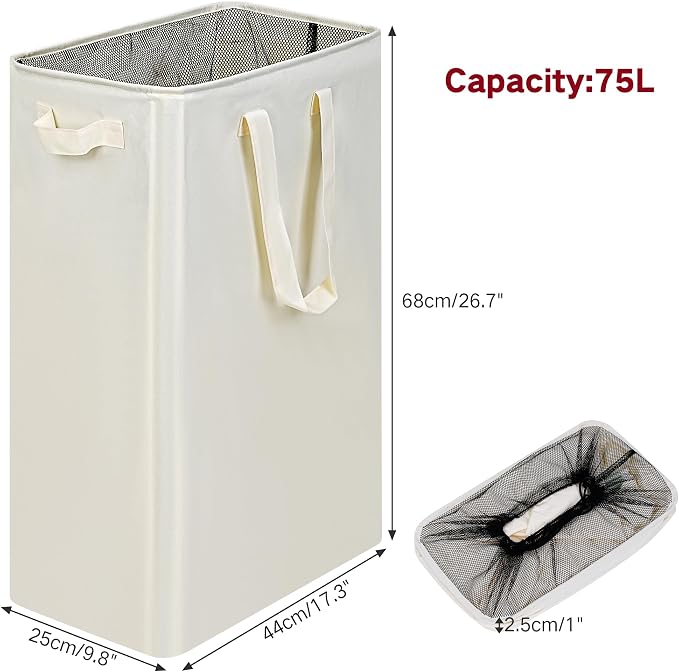 efluky Slim Laundry Basket, Narrow Laundry Hamper with Handles, Collapsible Dirty Clothes Hamper, Tall Laundry Bin for Laundry Room, Dorm and Bedroom, 19.8 Gallon (75L) Beige (Pack of 2) - Image 2