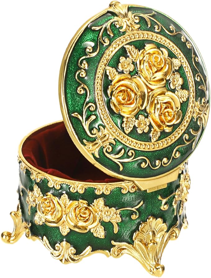 Hipiwe Vintage Jewelry Box Small Trinket Storage Organizer Box Gold Metal Chest Ring Case Treasure Chest Round Keepsake Boxes for Earrings Necklace Gift for Women,Green - Image 9