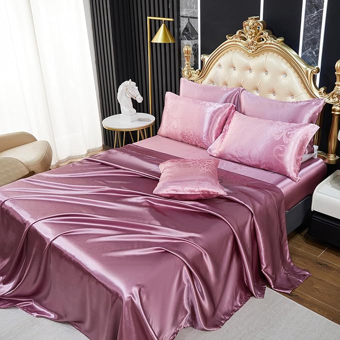 Elegant Jacquard King Comforter Set Satin Sheet Set Pink Bedding Set 8 Pcs Vintage Neoclassical Floral Bed Home Decor Soft Down Comforter Luxury Hotel Silky Bed in a Bag with 1 Cushion Cover