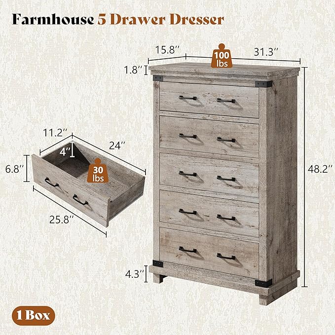 AMERLIFE 5 Pieces Farmhouse Bedroom Set, Includes Rustic Full Bed Frame with 54" Tall Headboard, 6 Drawer Dresser, 5 Drawer Tall Chest, Nightstands Set of 2 with Charging Station, Rustic Grey