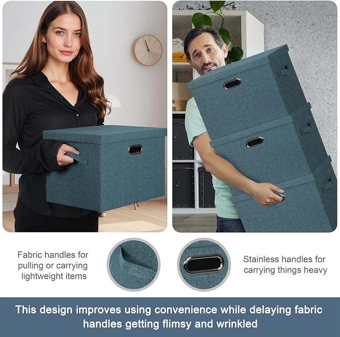 Graciadeco Large 17" 36 Quart Collapsible Stackable Storage Bins with Lids, 3 Packs Blue-Green Linen Fabric Closet Boxes with Lids, Storage Cube Baskets Container Organizers for Bedroom (17x12x11) - Image 5