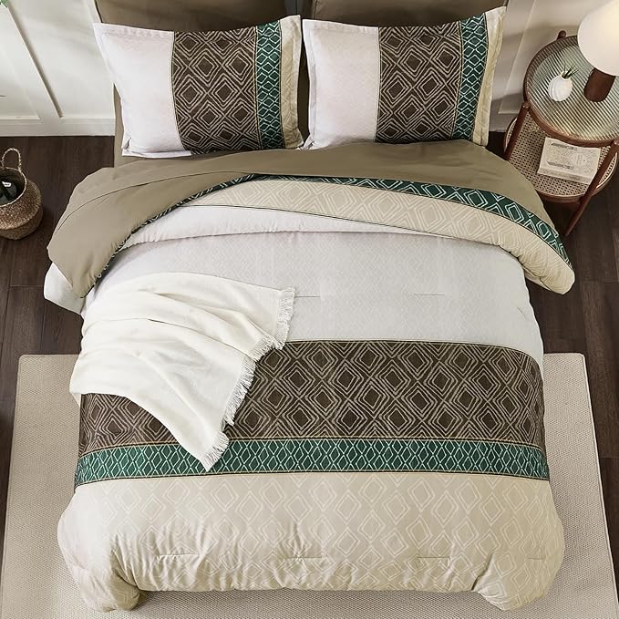 Dinjoy Khaki Brown King Size Comforter Set,Striped Bed in a Bag King Boho 7 Pieces Soft Microfiber Fall Bedding Comforters Sets Bed Lightweight Taupe Complete Set for All Season