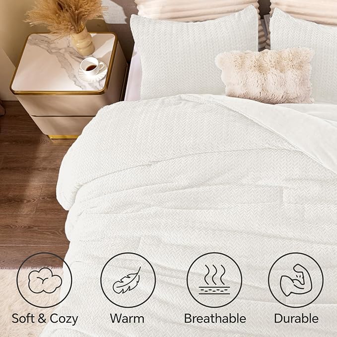 Flannel Fleece Full Comforter Set - Furry White Leaves Pattern Faux Fur Bed Set, Winter Ultra Soft Fuzzy Comfort Set, Velvet Bedding Set for Bed with 2 Pillow Cases