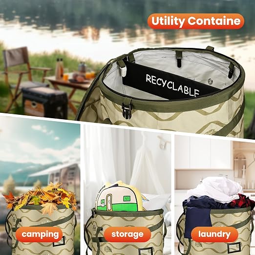 Pop-Up Trash Bin with Removable Divider, Heavy Duty Bottom, Collapsible Storage for Camping, Laundry, Storage and Garden, Waterproof and Tear Resistance Material with Air Vent, Green - Image 2