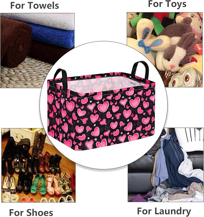 MAIZMZ Empty Gift Basket for Girls Heart Print Storage Cube for Women, Closet Shelf Waterproof Organizer Bins with Handles Nursery hamper Kids Toys Books Box Room Deco - Image 8