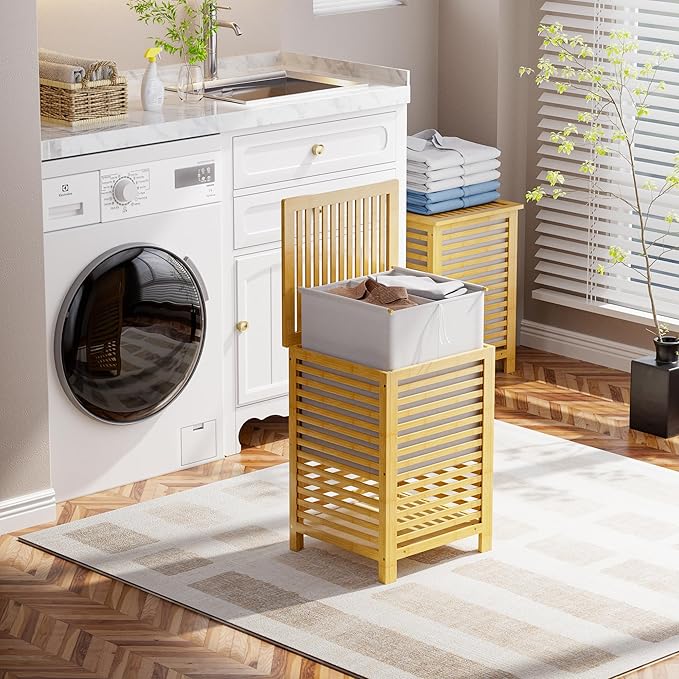 SMIBUY Double Laundry Hamper with Lid, 120L Bamboo Laundry Basket with Removable Liner Bag, 2-Section Clothes Divider Laundry Sorter for Laundry Room, Bathroom, Bedroom (Natural) - Image 4